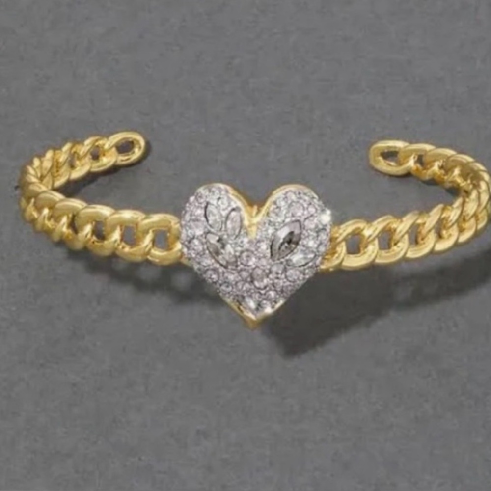 Alexis Bittar Gold Chain Cuff Bracelet with Solanes Crystal Heart Charm